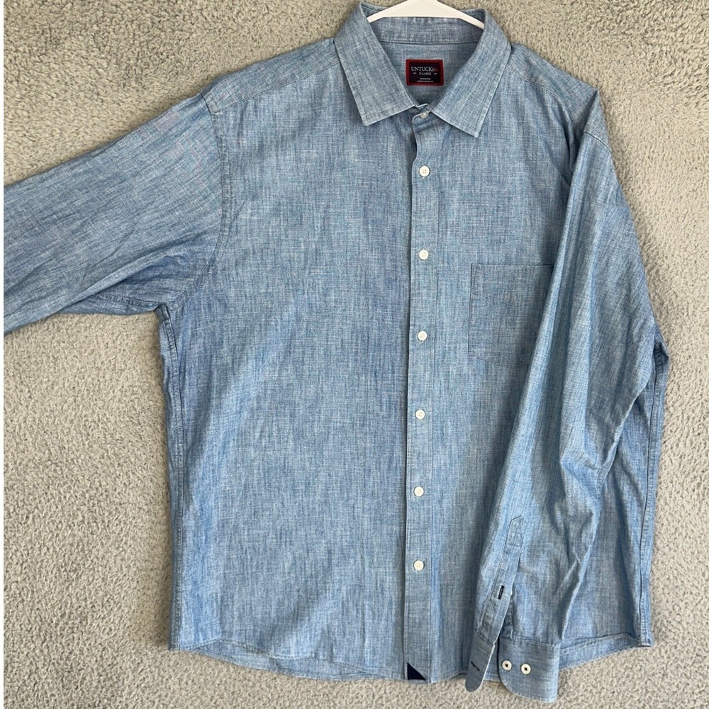 UNTUCKit Shirt Mens XL Blue Button Up Casual Long Sleeve Pocket Logo Outdoor EUC